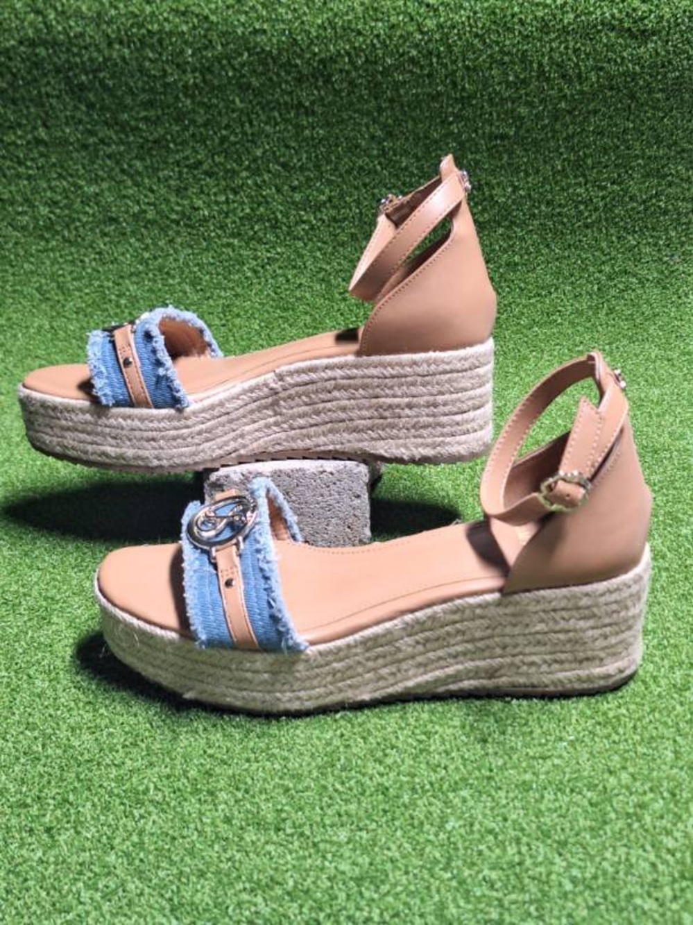 Sam & Libby Tan Espadrille Wedge Sandals with Light Blue Denim Strap
